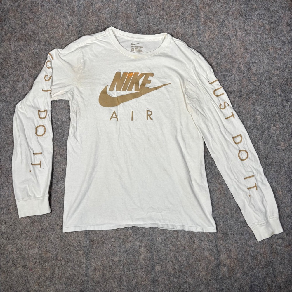 Nike Air Long Sleeve Shirt Mens S Cream Gold Graphic Just Do It Tee DISTRESSED